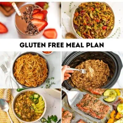 This is a gallery of photos including for the meal plan including: strawberry chocolate banana smoothie, roasted veggie pasta in a bowl, carrot pasta in a pot, balsamic chicken in crockpot, vegetable green chili in a bowl and greek salmon on a silver spatula.