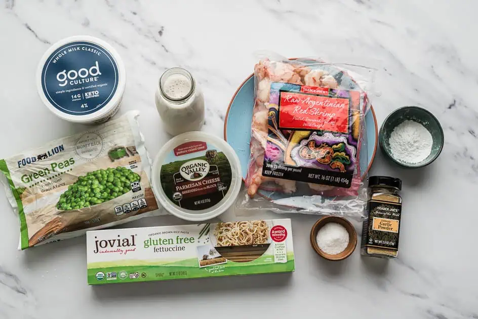 Ingredients to make cottage cheese alfredo with shrimp.