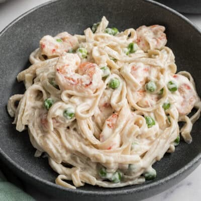 Bowl filled with cottage cheese alfredo and shrimp.