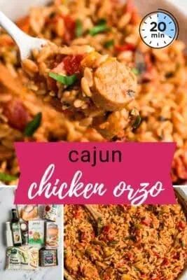 Fork picking up cajun chicken orzo from the bowl.