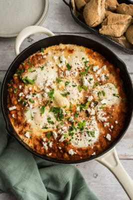 Potato shakshuka in a cast iron skillet.