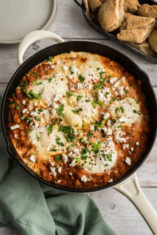 Potato shakshuka in a cast iron skillet.