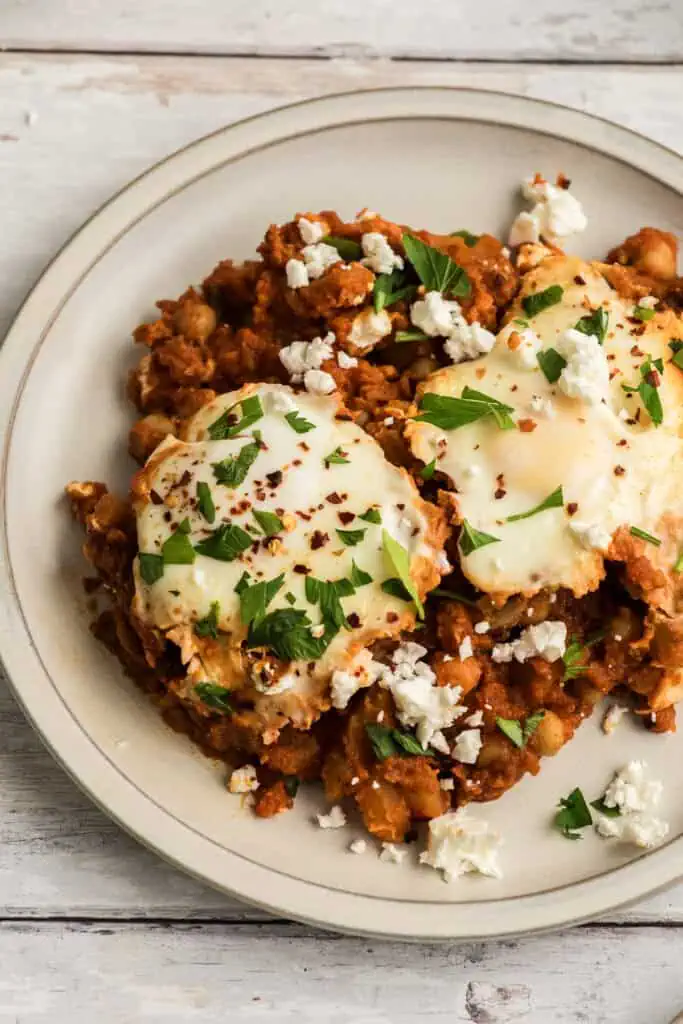 Plate of easy shakshuka with chickpeas and potatoes.