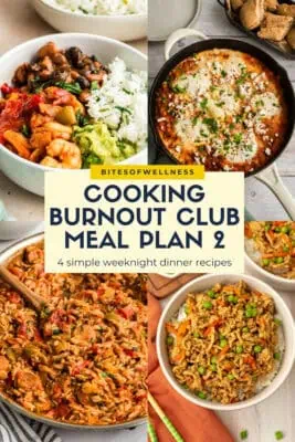 Four Recipes for weekly meal plan (shrimp burrito bowl, chickpea shakshuka, cajun chicken orzo and asian ground chicken rice bowl.
