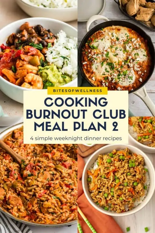 Four Recipes for weekly meal plan (shrimp burrito bowl, chickpea shakshuka, cajun chicken orzo and asian ground chicken rice bowl.