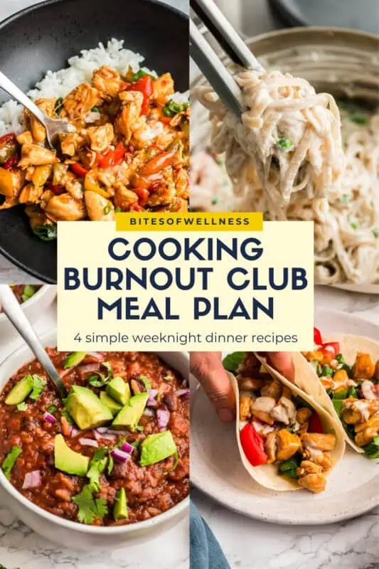 Meal plan with four recipes that are easy to make, featuring creamy pasta, soup, sweet chili chicken, and buffalo chicken tacos.