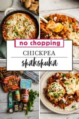 pin for chickpea shakshuka including ingredients, a plated version and it in a skillet