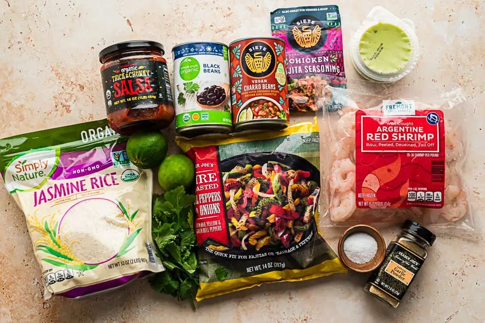 Ingredients to make shrimp burrito bowls.