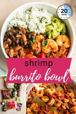 Shrimp, cilantro lime rice, beans and guacamole in a white bowl.
