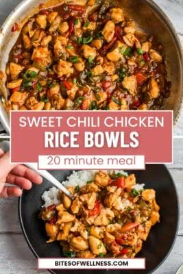 Skillet filled with sweet chili chicken and veggies.