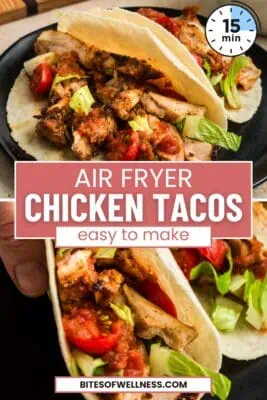 Air fryer chicken tacos on black plate.