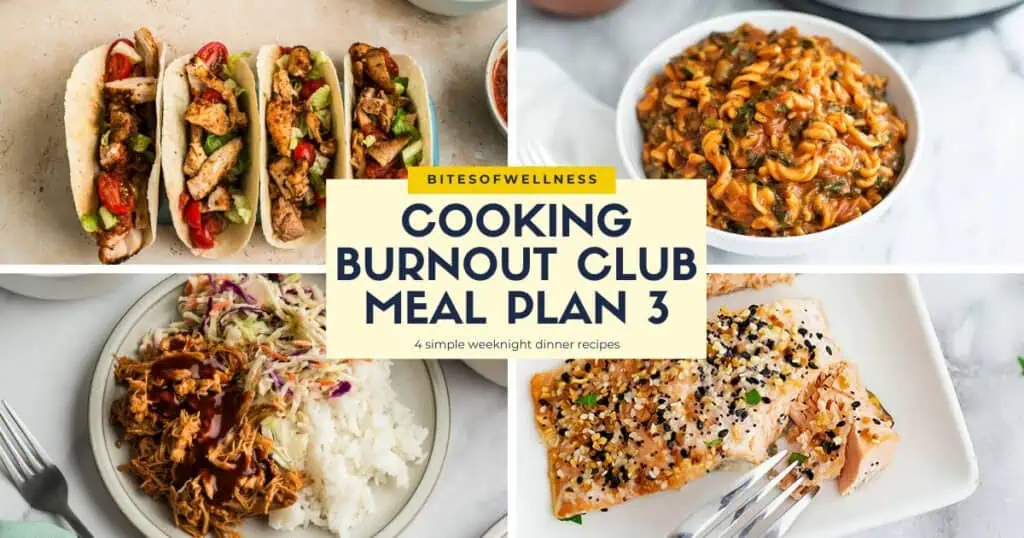 Images for this weeks meal plan: air fryer chicken tacos, instant pot bbq chicken, instant pot chickpea pasta, everything bagel salmon