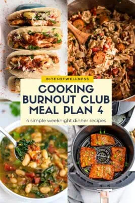 4 photos of this weeks meal plan, a pineapple chipotle chicken taco, sausage pasta, italian white bean soup and teriyaki salmon in the air fryer.