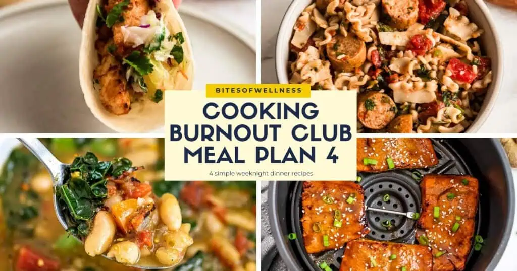 4 photos that show this weeks meal plan, a pineapple chipotle chicken taco, sausage pasta, italian white bean soup and teriyaki salmon in the air fryer.  