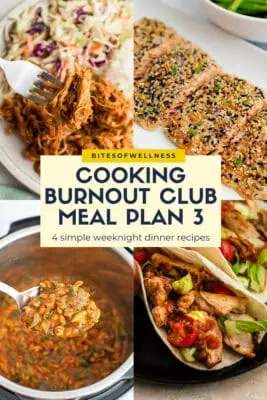 highlight of 4 recipes for meal plan: chicken tacos, bbq chicken thighs, everything bagel salmon and instant pot chickpea pasta.