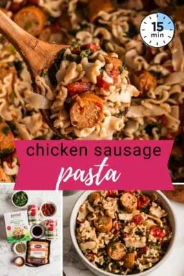 Chicken sausage pasta in a pot with spoon lifting some out of the pot.