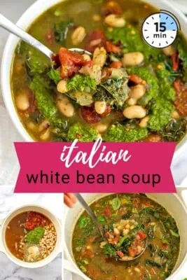 Large bowl of italian white bean soup with a spoon lifting some soup from the bowl.