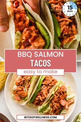 Three bbq salmon tacos on a white plate