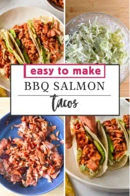 Three bbq salmon tacos on a white plate