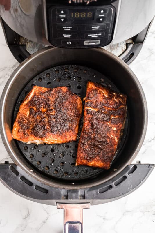 Blackened salmon in air fryer after cooking