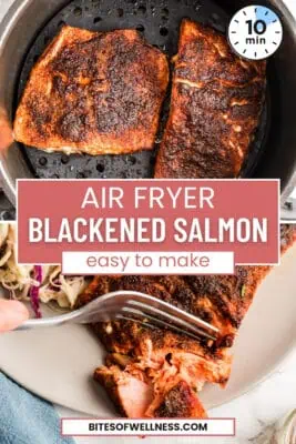 Blackened salmon in the air fryer and on a plate.