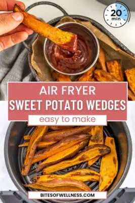 Hand dipping sweet potato wedge in ketchup
