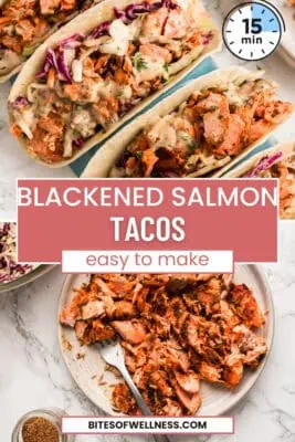 Flaked blackened salmon on a plate, blackened salmon taco on the top.