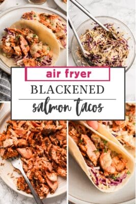 Blackened salmon tacos on white plate, blackened ranch slaw.
