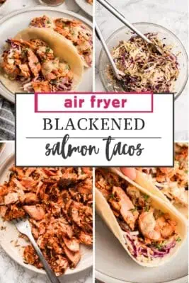 Blackened salmon tacos on white plate, blackened ranch slaw.