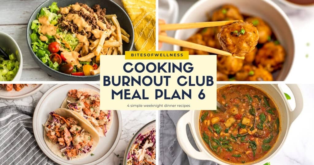 Four meals (burger bowls, sweet and sour meatballs, blackened salmon tacos, gnocchi soup) for meal plan.