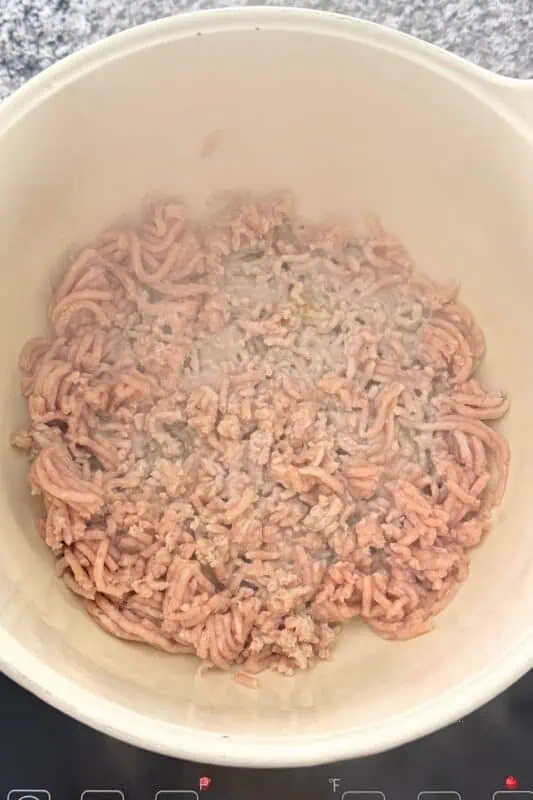 Ground chicken being sauteed in a large white pot.