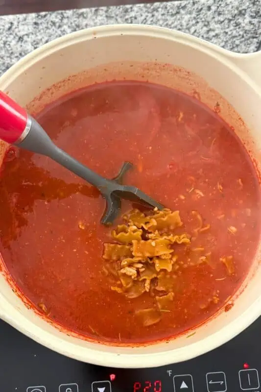 Pasta added to pot of soup.
