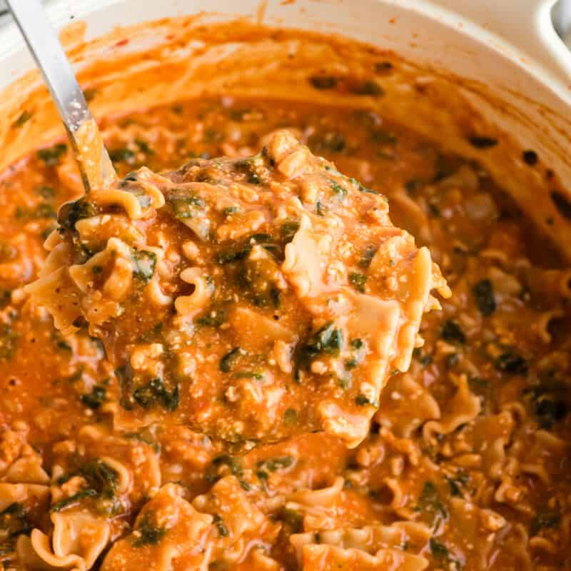Ladle filled with chicken lasagna soup being lifted from the pot.