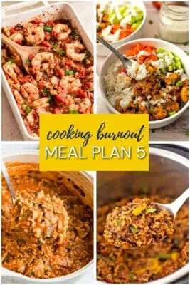 Four recipes for meal plan: mediterranean shrimp, lasagna soup, buffalo chicken rice bowl, mexican rice and beans