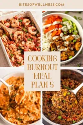 Four recipes for meal plan: mediterranean shrimp, lasagna soup, buffalo chicken rice bowl, mexican rice and beans
