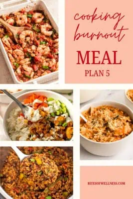 Four recipes for meal plan: mediterranean shrimp, lasagna soup, buffalo chicken rice bowl, mexican rice and beans