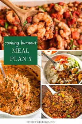 Four recipes for meal plan: mediterranean shrimp, lasagna soup, buffalo chicken rice bowl, mexican rice and beans
