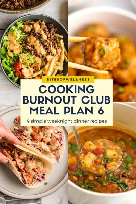 Four meals (burger bowls, sweet and sour meatballs, blackened salmon tacos, gnocchi soup) for meal plan.