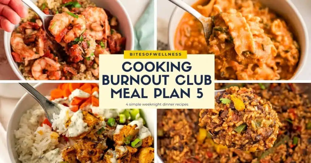 Four recipes for meal plan: mediterranean shrimp, lasagna soup, buffalo chicken rice bowl, mexican rice and beans