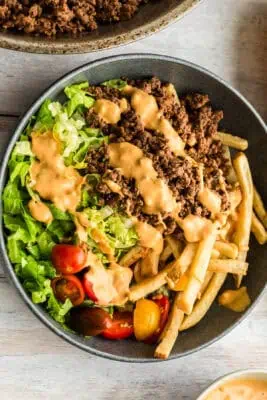 Bowl filled with ground beef, fries, lettuce, tomato and special sauce.