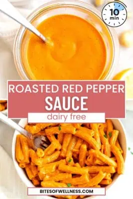 Glass container filled with roasted red pepper sauce.