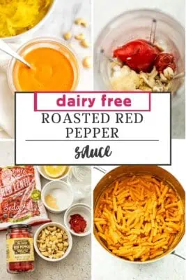 Glass container filled with roasted red pepper sauce.