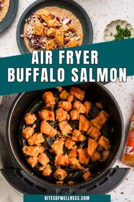 buffalo salmon in air fryer basket.