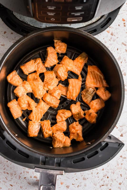 Cooked salmon bites in the air fryer.