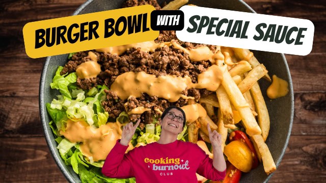 Burger Bowl with special sauce drizzled on it
