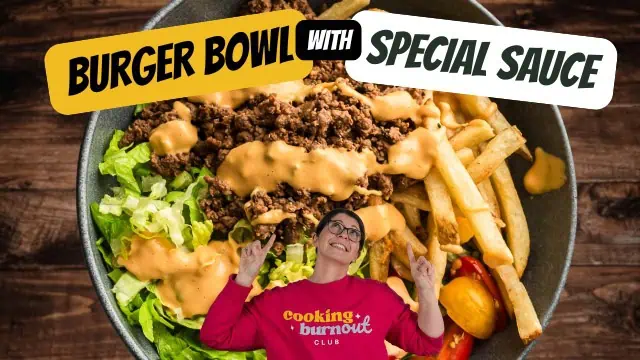 Burger Bowl with special sauce drizzled on it