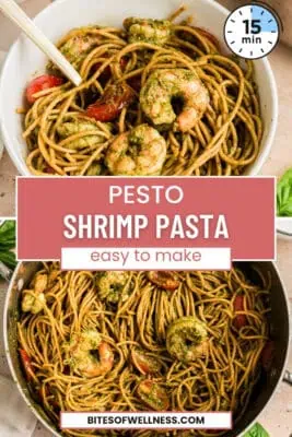 Fork resting in a bowl of pesto shrimp pasta.