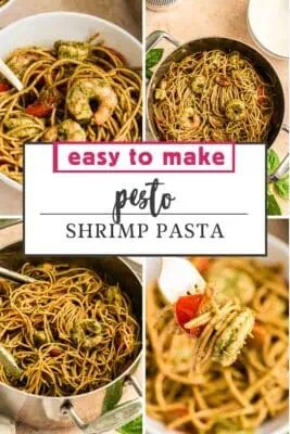 Fork resting in a bowl of pesto shrimp pasta.