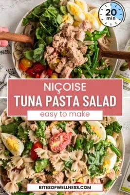 Large white bowl filled with tuna pasta salad with eggs.