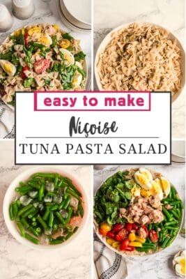 Large white bowl filled with tuna pasta salad with eggs.